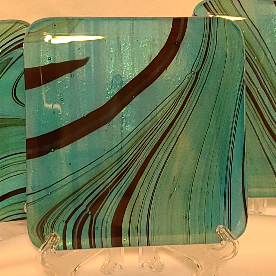 Petrified Wood - Topaz Blue Streaky fused glass coaster set