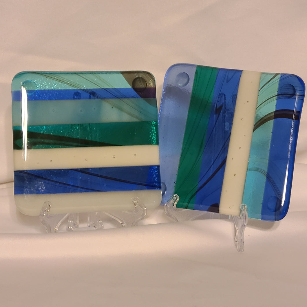 Blue Tone Stripes - fused glass coaster pair