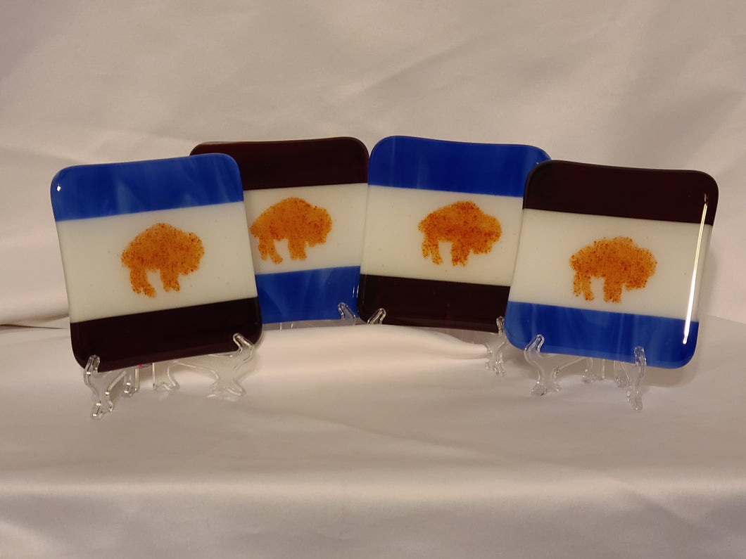 Let's Go Buffalo fused glass coasters: horizontal