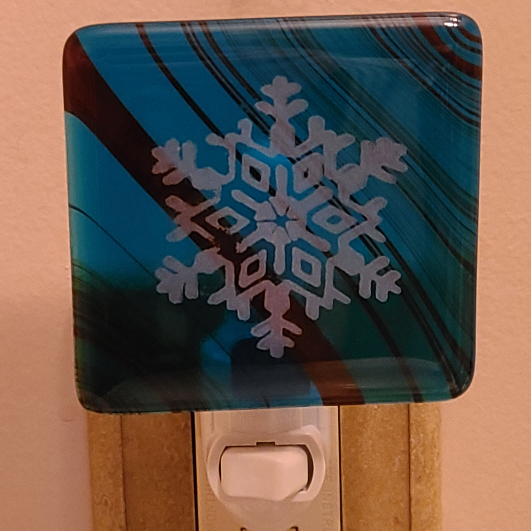 Snowflake on Petrified Wood fused glass nightlight