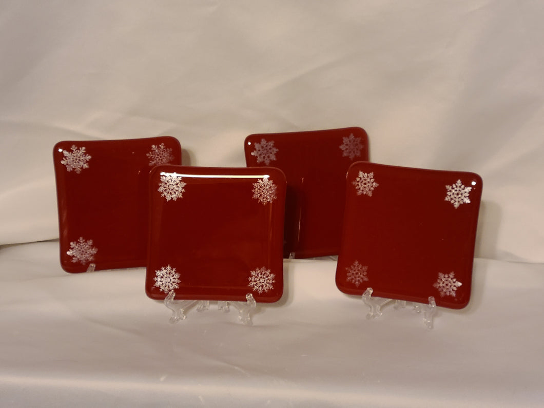 Red Snowflake fused glass coasters (set of 4)